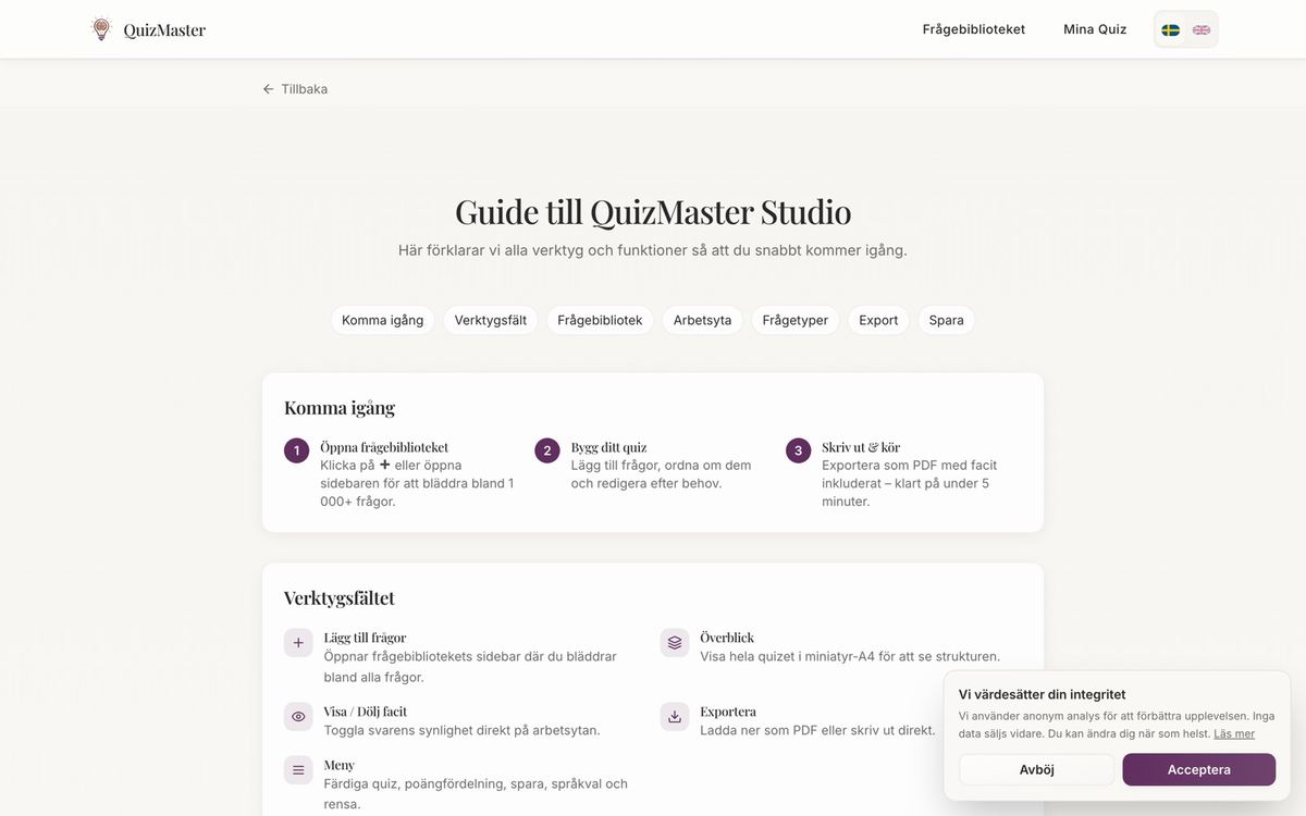 The studio: browse a library of 1000+ questions, build the quiz on an A4 workspace, toggle the answer key, and export a print-ready PDF in under five minutes